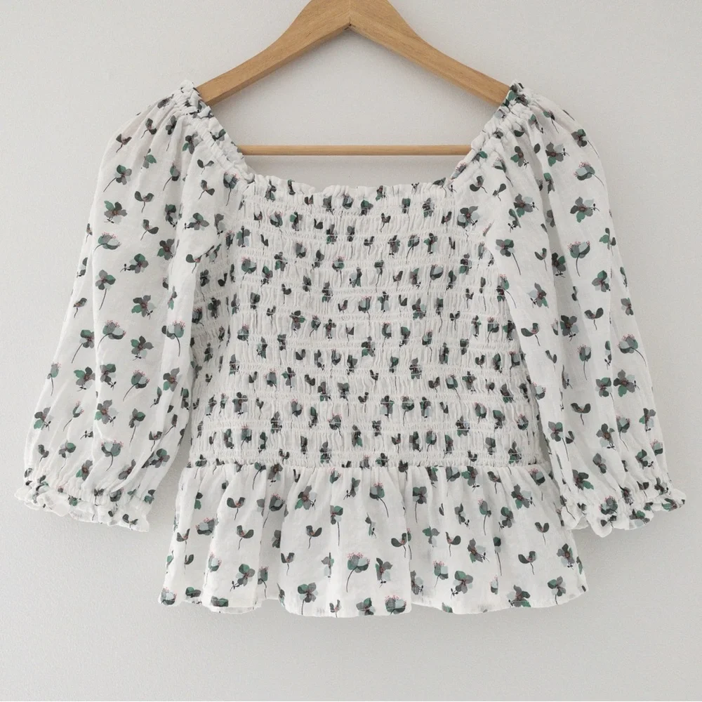 Loft Floral Smocked Puff Sleeve Peplum Top